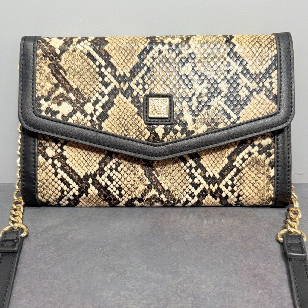 Anne Klein Snakeskin Envelope Wallet Crossbody Clutch Bag Chain Lion